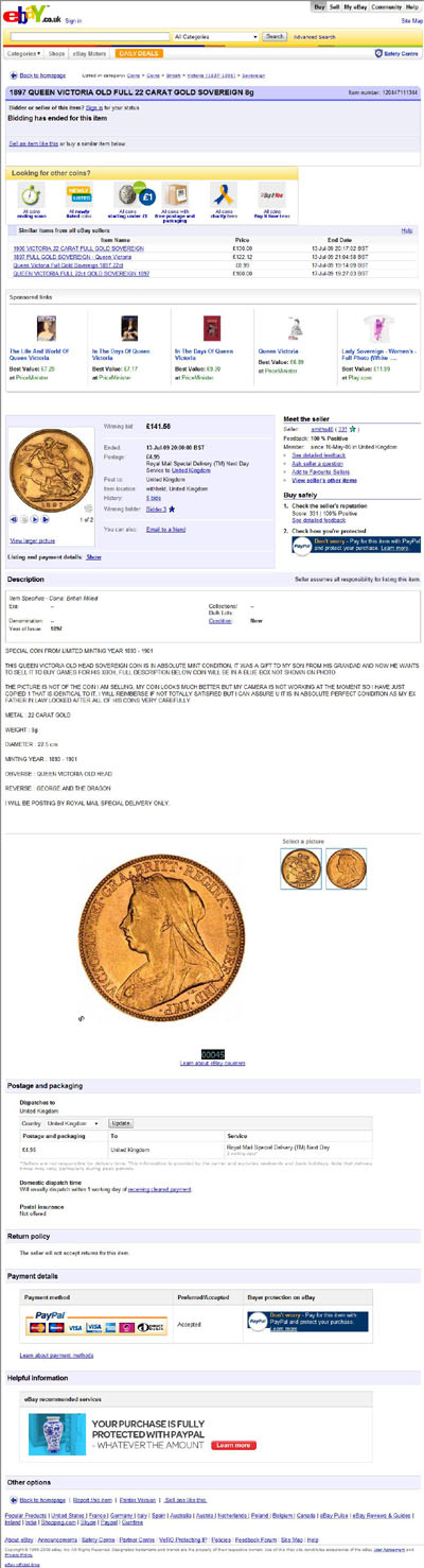 smitho40 eBay Listing# 90225153667 1979 Elizabeth 22ct Gold Full Sovereign. NEAR PERFECT